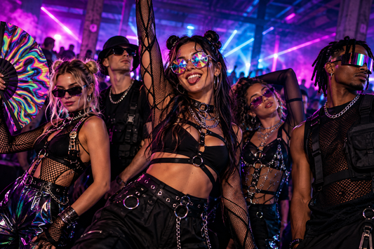 Diverse rave-goers in alternative black outfits, psychedelic glasses and statement accessories dancing under neon lights