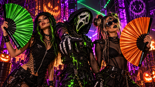 Alternative Halloween rave outfits featuring dark clothing, psychedelic glasses and bold makeup under atmospheric neon lighting.