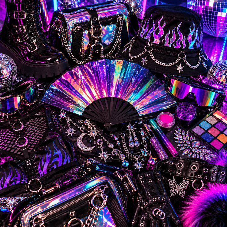 Rave accessories and fashion collection featuring a holographic fan, rave glasses, jewellery, bags and neon accessories
