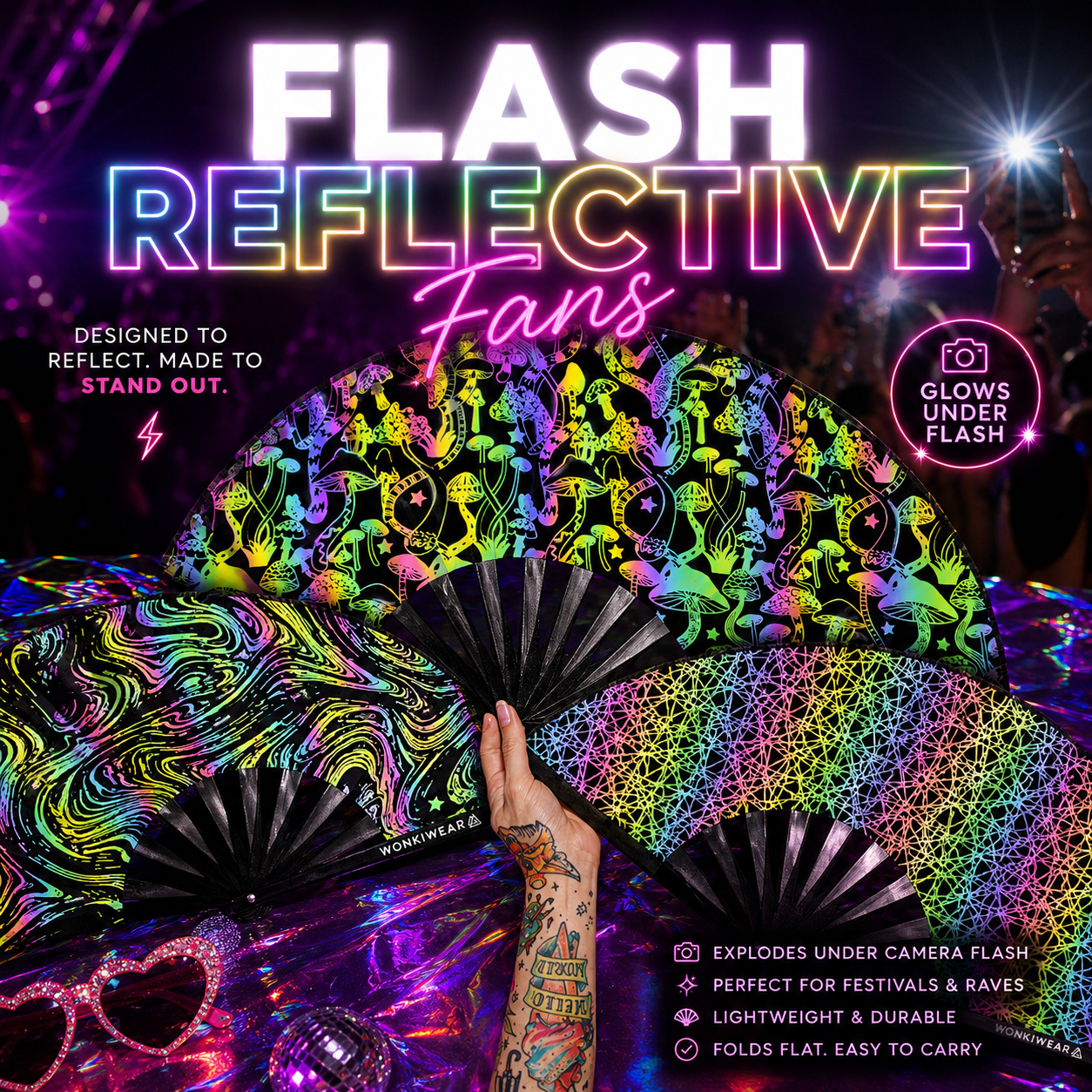 WonkiWear flash reflective folding hand fans collection featuring rainbow reflective rave fans designed for camera flash effects