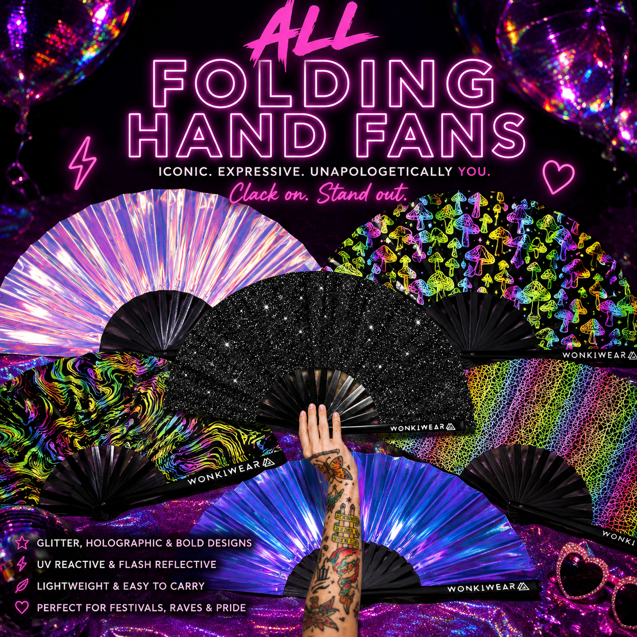 WonkiWear folding hand fans collection featuring glitter, holographic, UV reactive and flash reflective festival rave fans