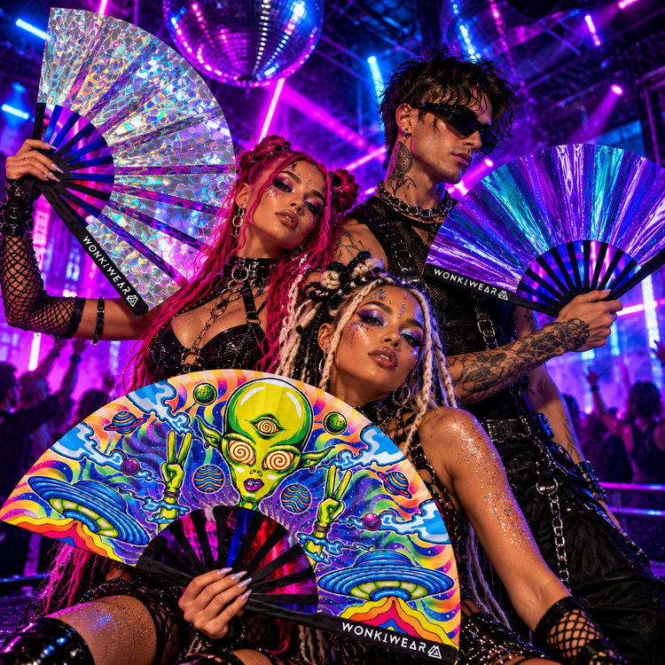 Three diverse ravers holding colourful WonkiWear folding fans at a neon-lit underground rave.