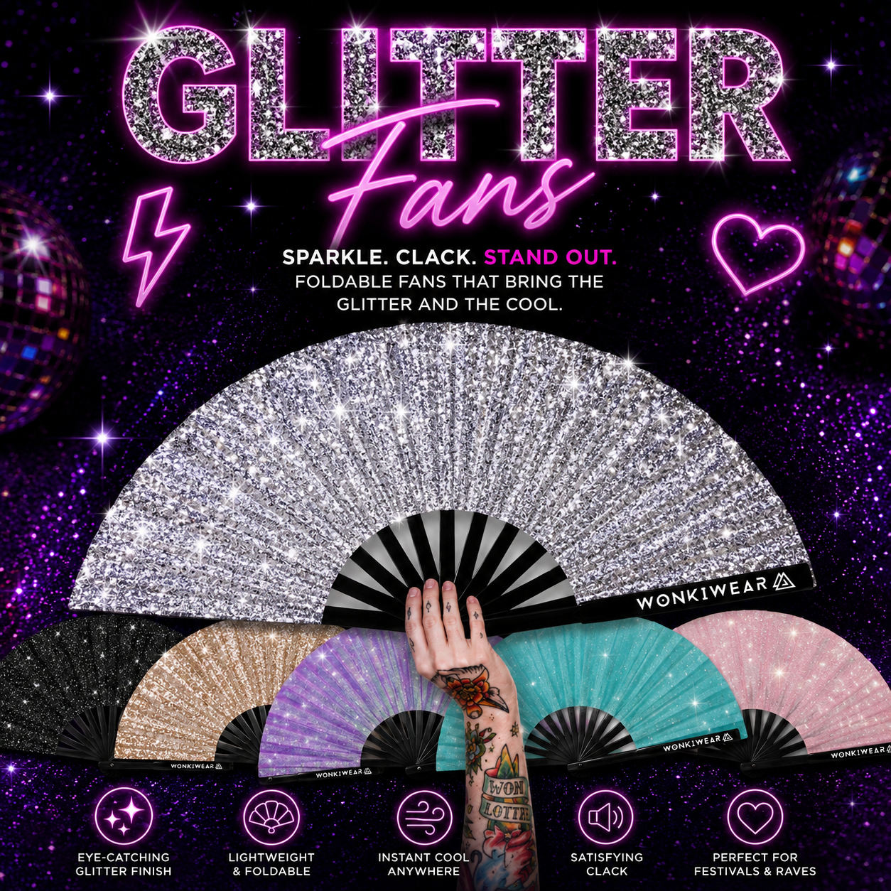 Glitter folding hand fans collection image featuring WonkiWear glitter festival fans in silver, black, gold, purple, turquoise and pink, displayed in a sparkling rave-style promotional graphic for festivals, raves and party accessories.