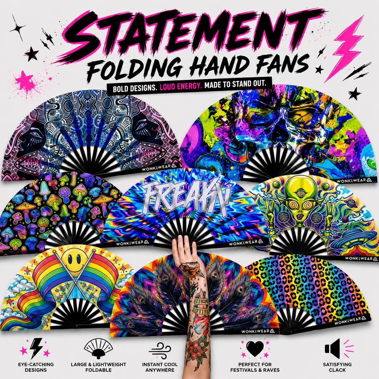 WonkiWear statement folding hand fans collage featuring bold festival fan designs including psychedelic, mushroom, pride and animal print styles