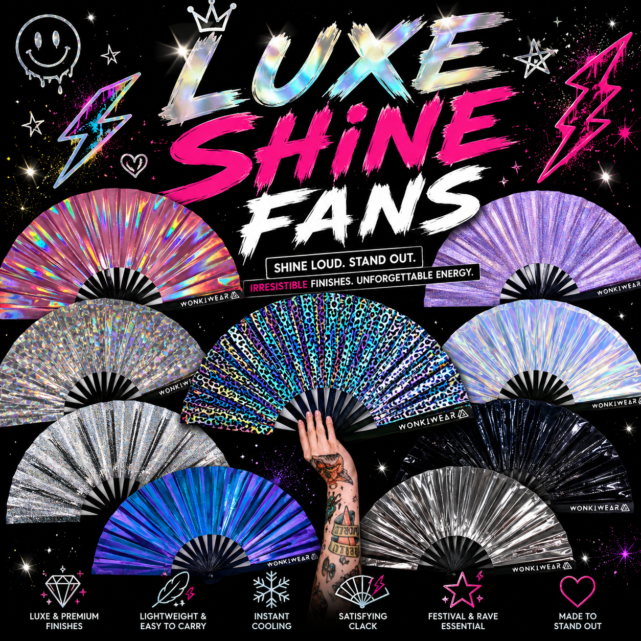 Alt text:
WonkiWear Luxe Shine Fans collection banner featuring holographic, iridescent and metallic festival hand fans in silver, black, pink, purple, blue and rainbow reflective finishes on a bold black rave-inspired background.
