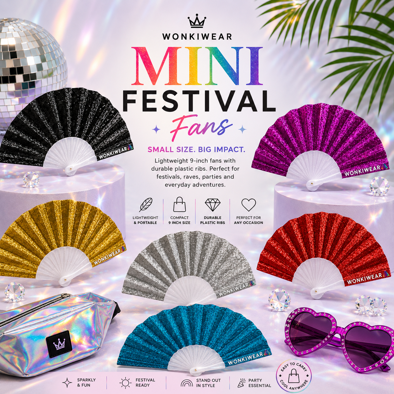 Mini Festival Fans collection banner featuring compact 9-inch glitter folding fans with durable plastic ribs, perfect for festivals, raves and parties.