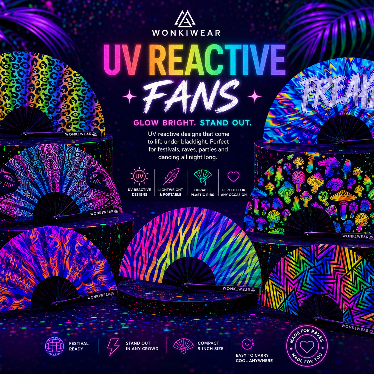WonkiWear UV Reactive Fans collection image featuring a neon rave-style collage of colourful UV-reactive festival hand fans with psychedelic, animal print and geometric designs glowing against a dark blacklight background.