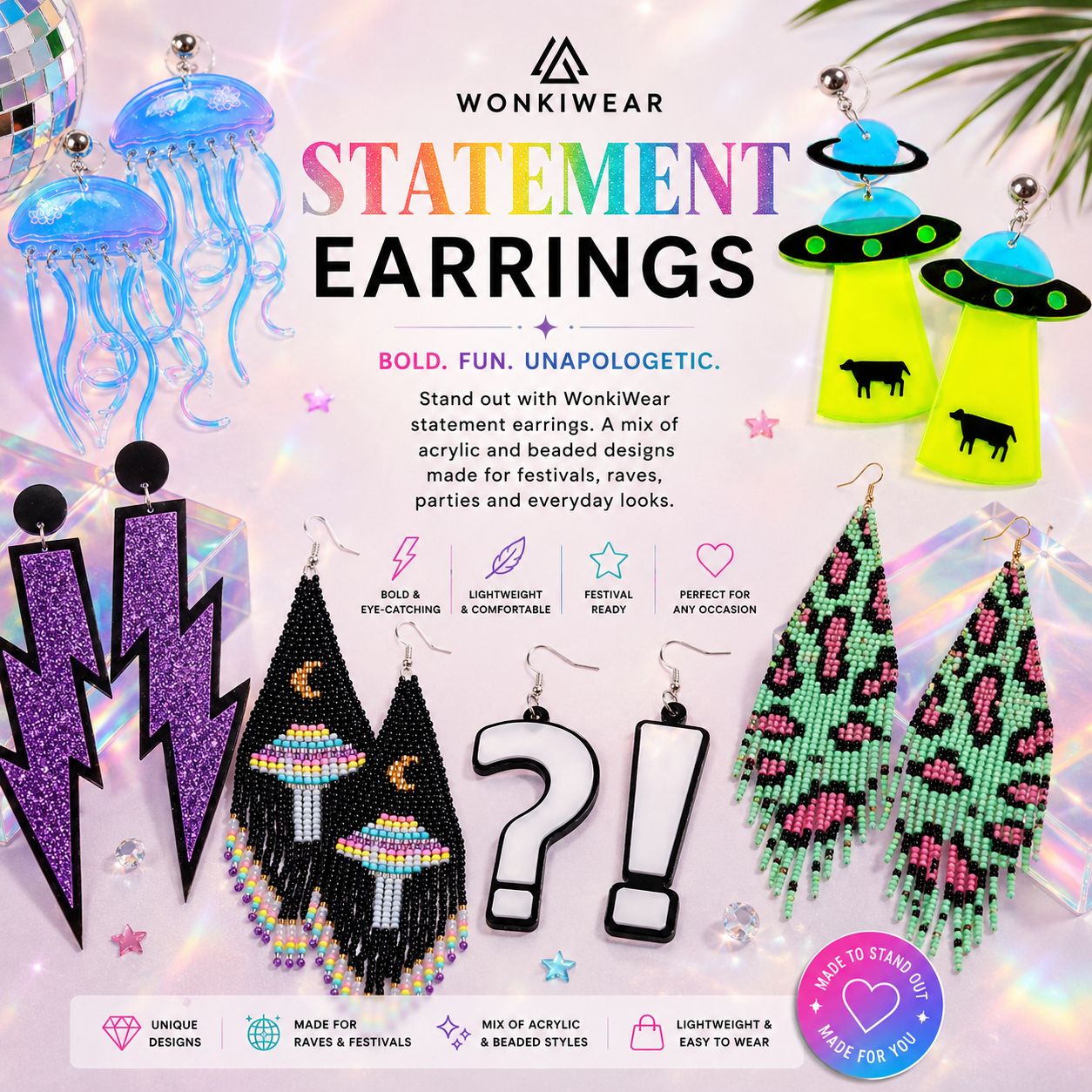 Colourful WonkiWear statement earrings in bold acrylic and beaded festival-inspired designs.