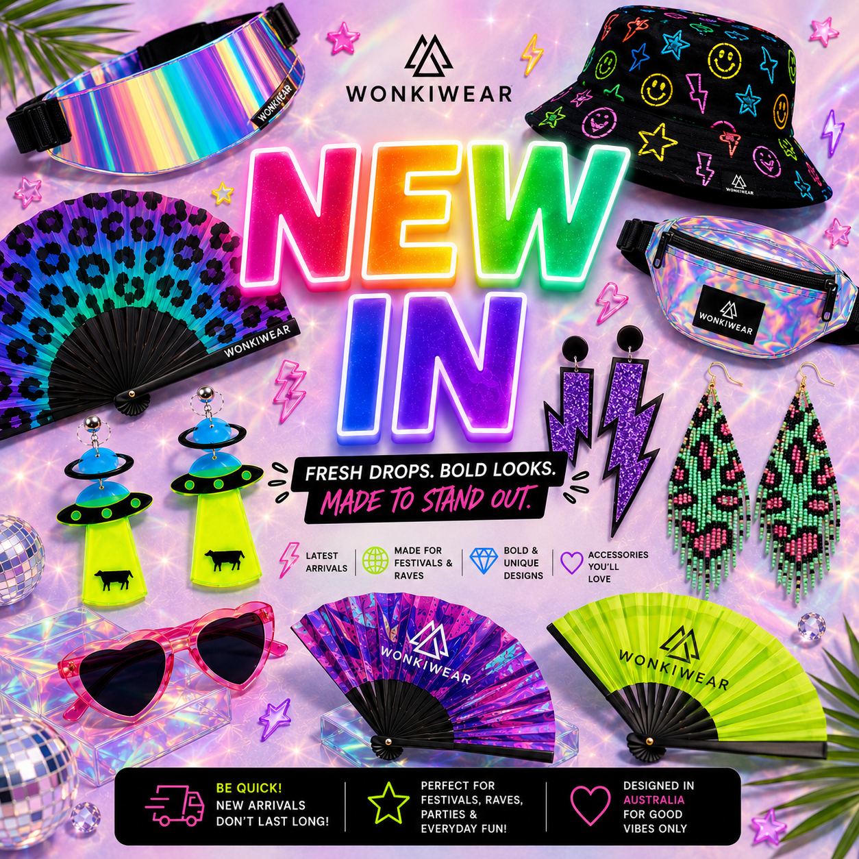 NEW IN WonkiWear festival accessories collection featuring fans, statement earrings, holographic bum bag, visor, sunglasses and bucket hat.