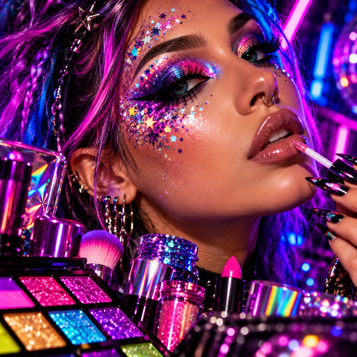 Close-up rave makeup look with glitter, face gems, bold eye makeup and colourful cosmetics