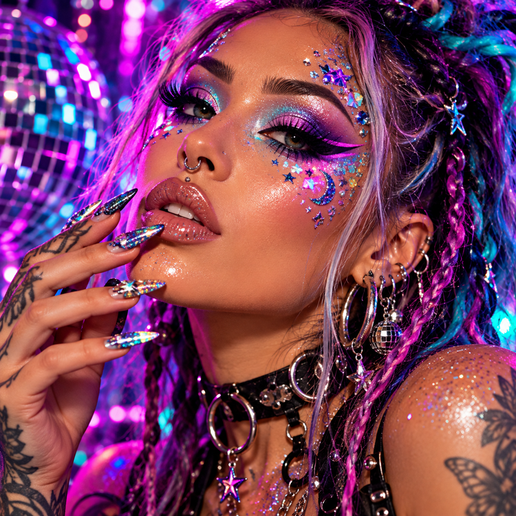Rave makeup look with glitter, face gems, bold eyeliner, statement lashes and holographic nails under neon lights