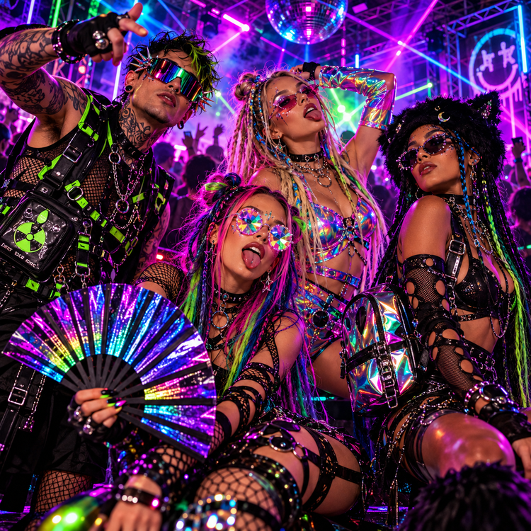 Four diverse ravers wearing bold clothing, accessories and ravewear at a neon-lit underground rave