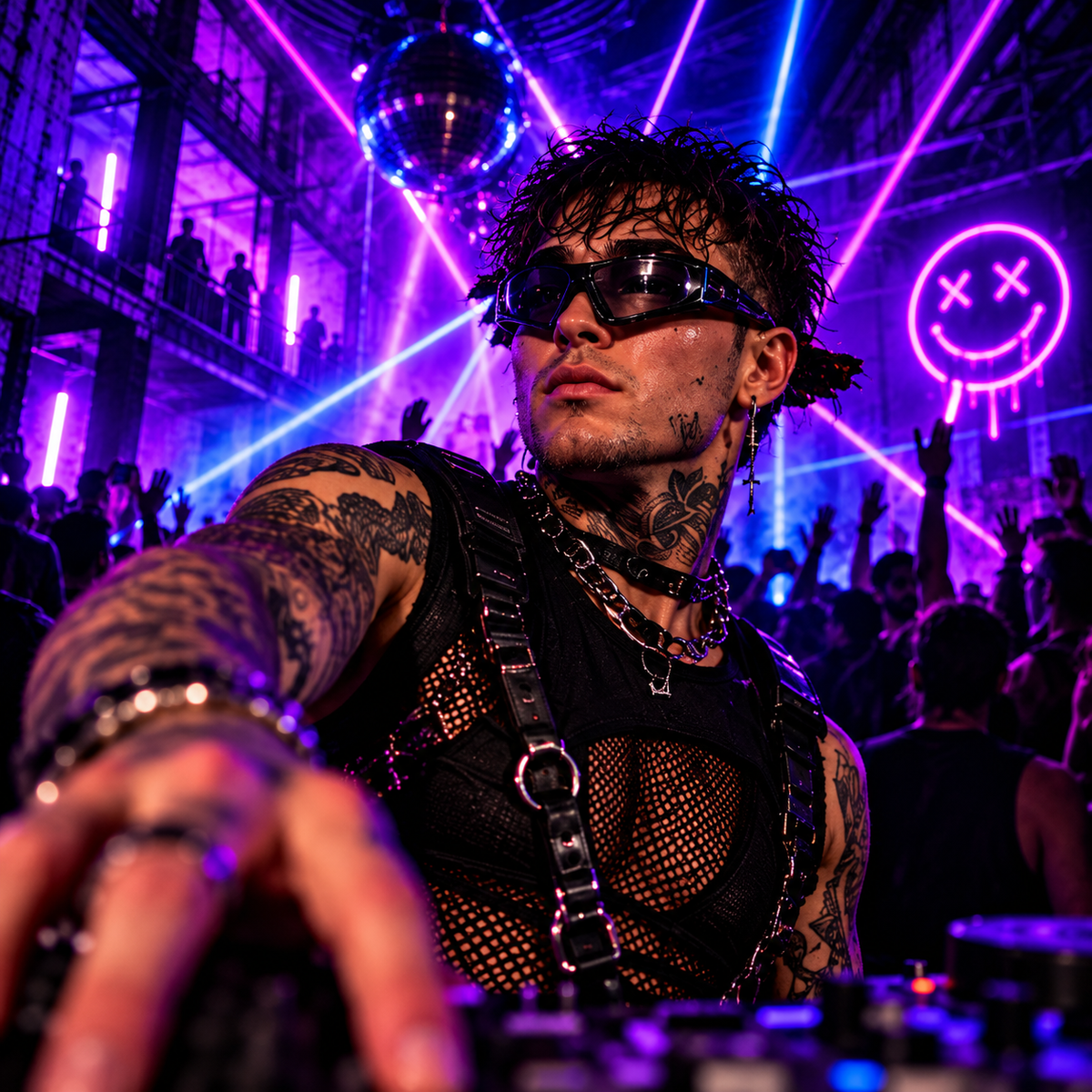 Young tattooed man in black mesh and harness-style ravewear, wearing futuristic sunglasses and chains, dancing at an underground nightclub surrounded by purple and blue lasers, a disco ball and a neon smiley face.