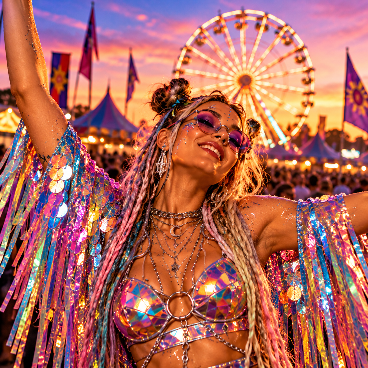 Young woman dancing at a colourful outdoor festival at sunset, wearing glitter makeup, pastel braided hair, sunglasses, layered jewellery and a shimmering holographic outfit, with a Ferris wheel, festival tents, flags and a crowd in the background.