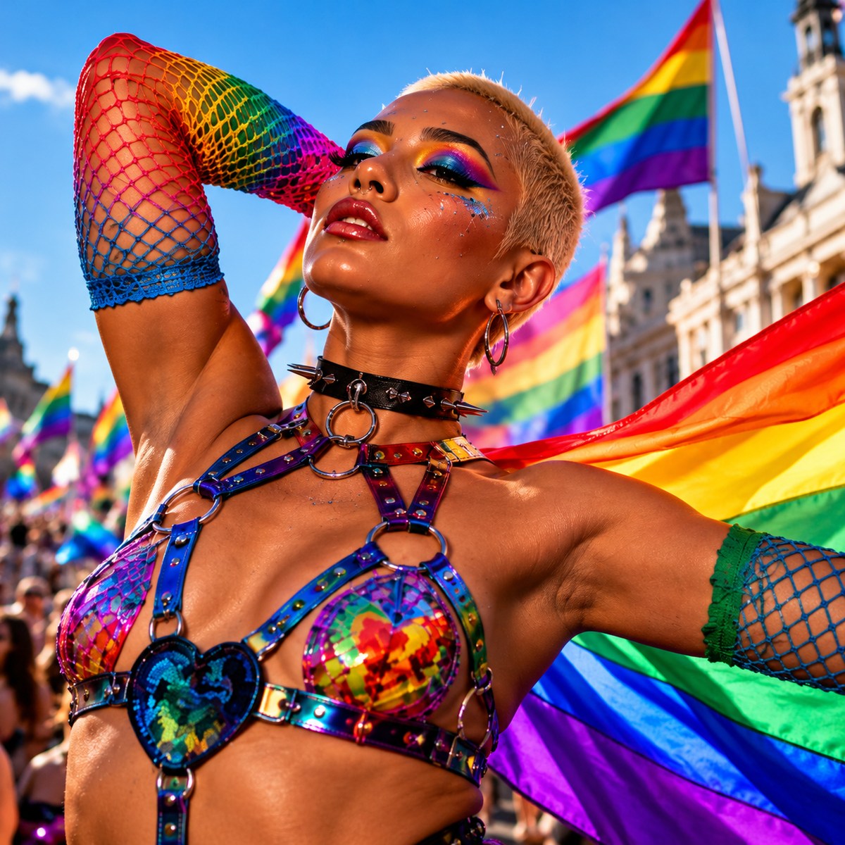 Confident person with cropped blonde hair and rainbow makeup wearing colourful iridescent ravewear at a Pride celebration, surrounded by rainbow flags, cheering crowds and city architecture in bright sunshine.