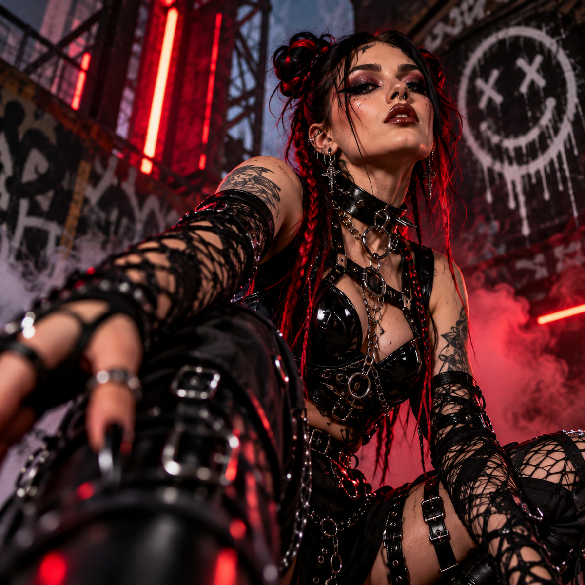 Woman in dark cyber-goth ravewear with red-highlighted hair, dramatic makeup, piercings, chains, harnesses and fishnet layers, posing in a gritty industrial setting with red neon lighting, smoke and graffiti in the background.