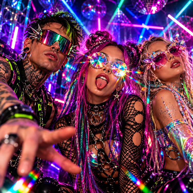 Three ravers wearing bold festival, cyber and kaleidoscope glasses at a neon-lit underground rave