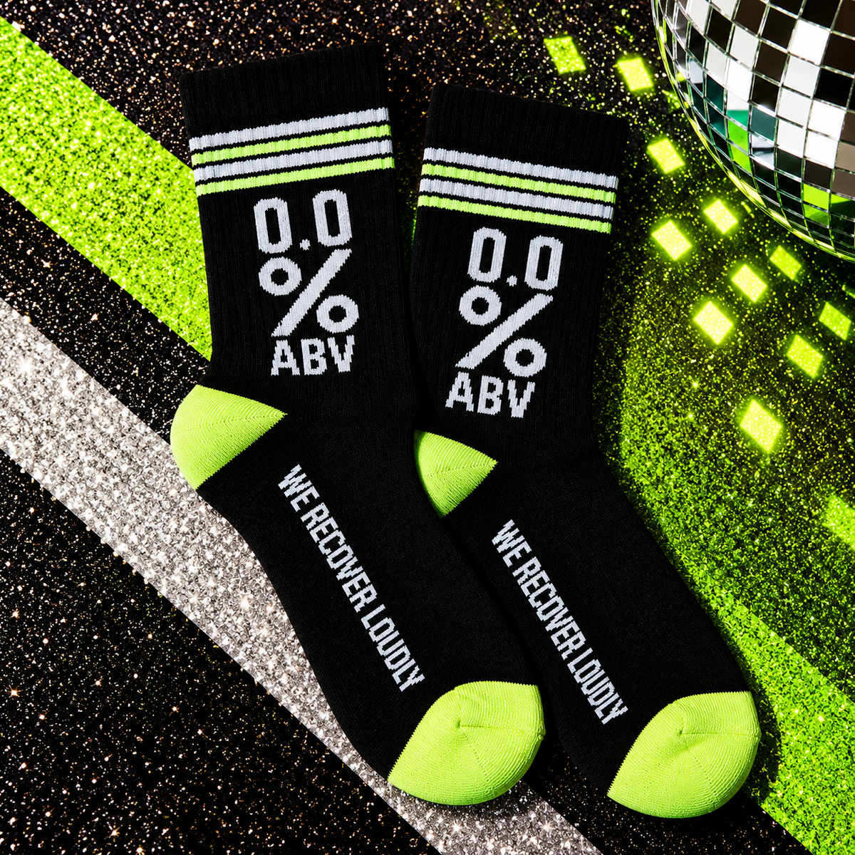 0.0% ABV black sober statement socks with neon-lime detailing