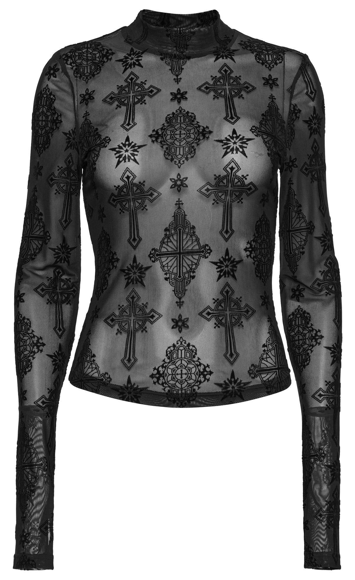Black Cross Flocking Mesh Top | Punk Rave