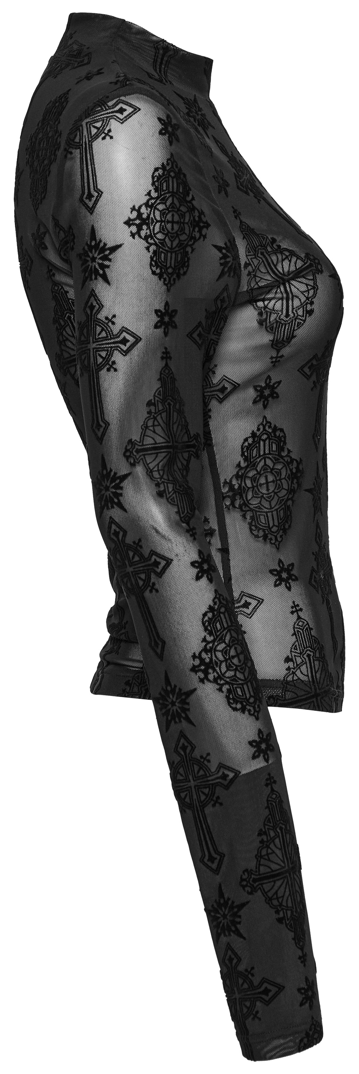 Black Cross Flocking Mesh Top | Punk Rave