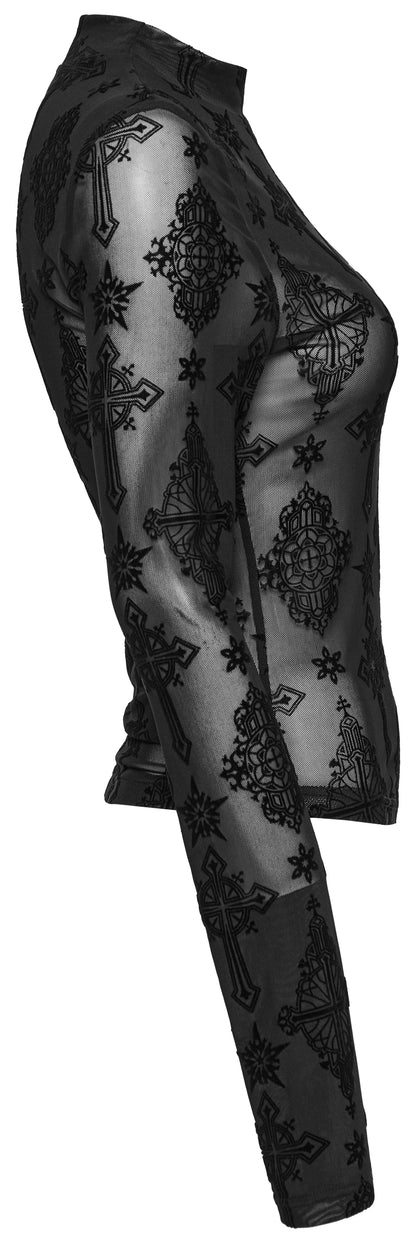 Black Cross Flocking Mesh Top | Punk Rave