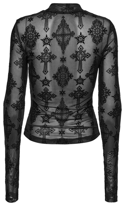 Black Cross Flocking Mesh Top | Punk Rave