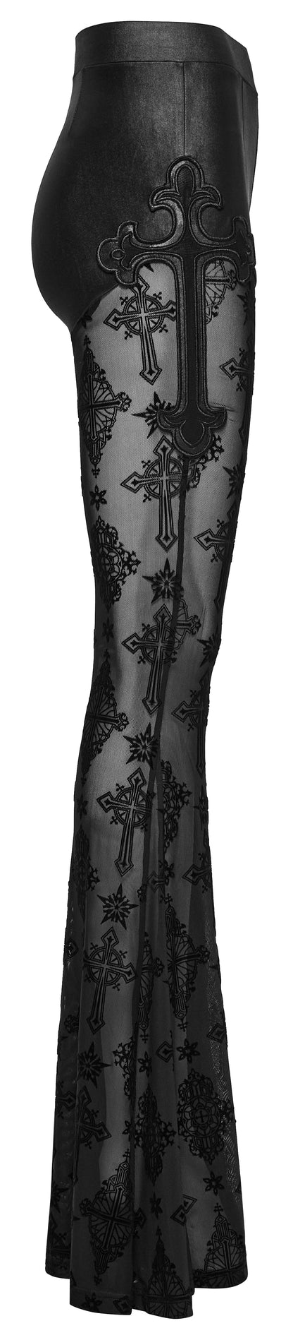 Black Cross Flocking Flared Rave Leggings | Punk Rave
