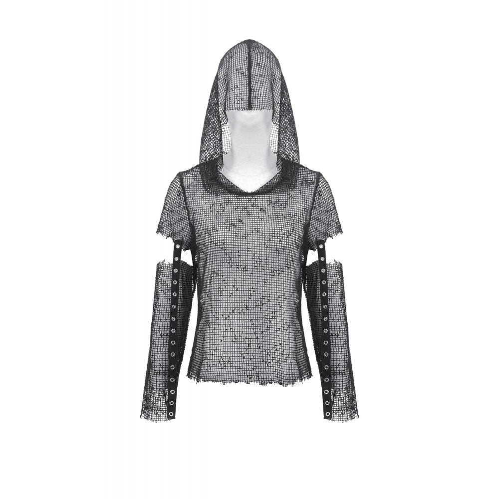 Black Distressed Mesh Hooded Rave Top | Dark in Love