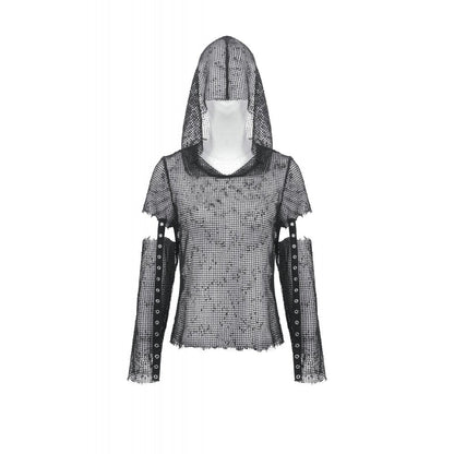 Black Distressed Mesh Hooded Rave Top | Dark in Love