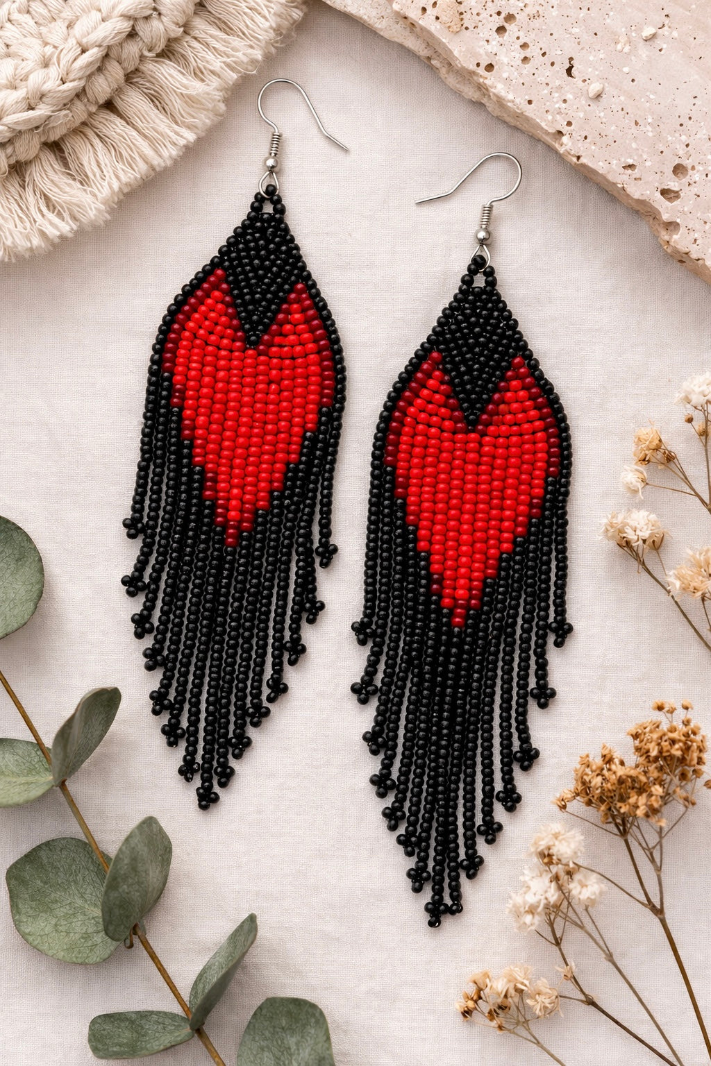Black & Red Beaded Heart Earrings