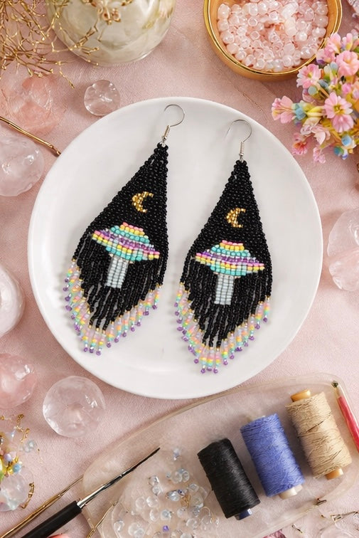 Beaded Earrings - Handmade Hypoallergenic Black UFO