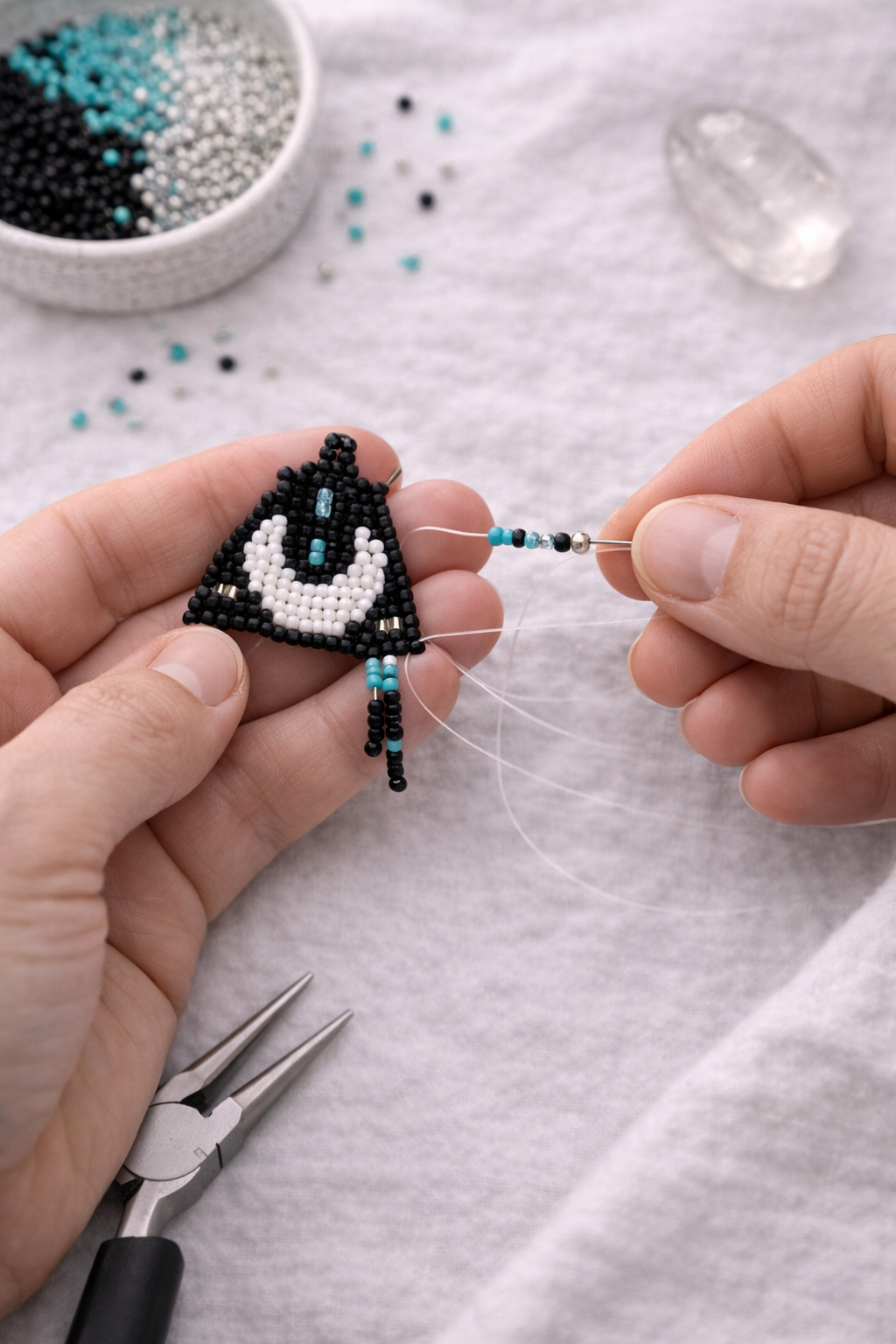 Beaded Earrings - Handmade Hypoallergenic Moon Butterfly Black and Turquoise Fringe