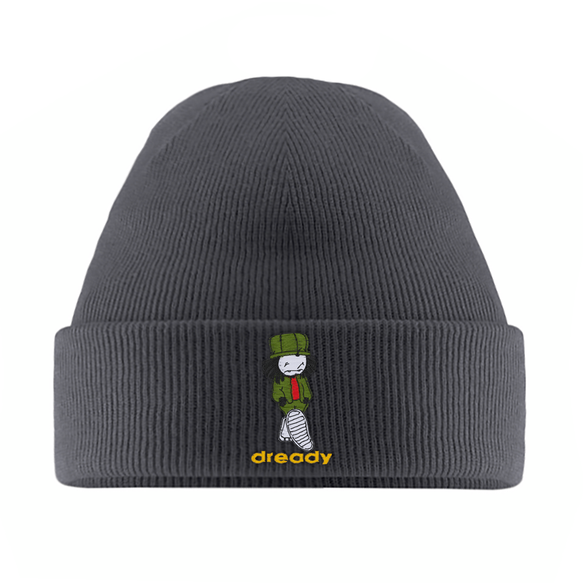 Dready Walking Man beanie detail showing the embroidered branding.