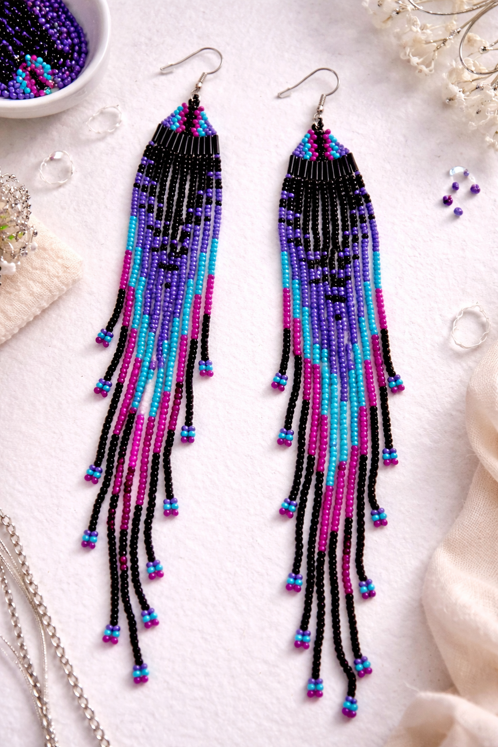 Long Beaded Jellyfish Fringe Earrings