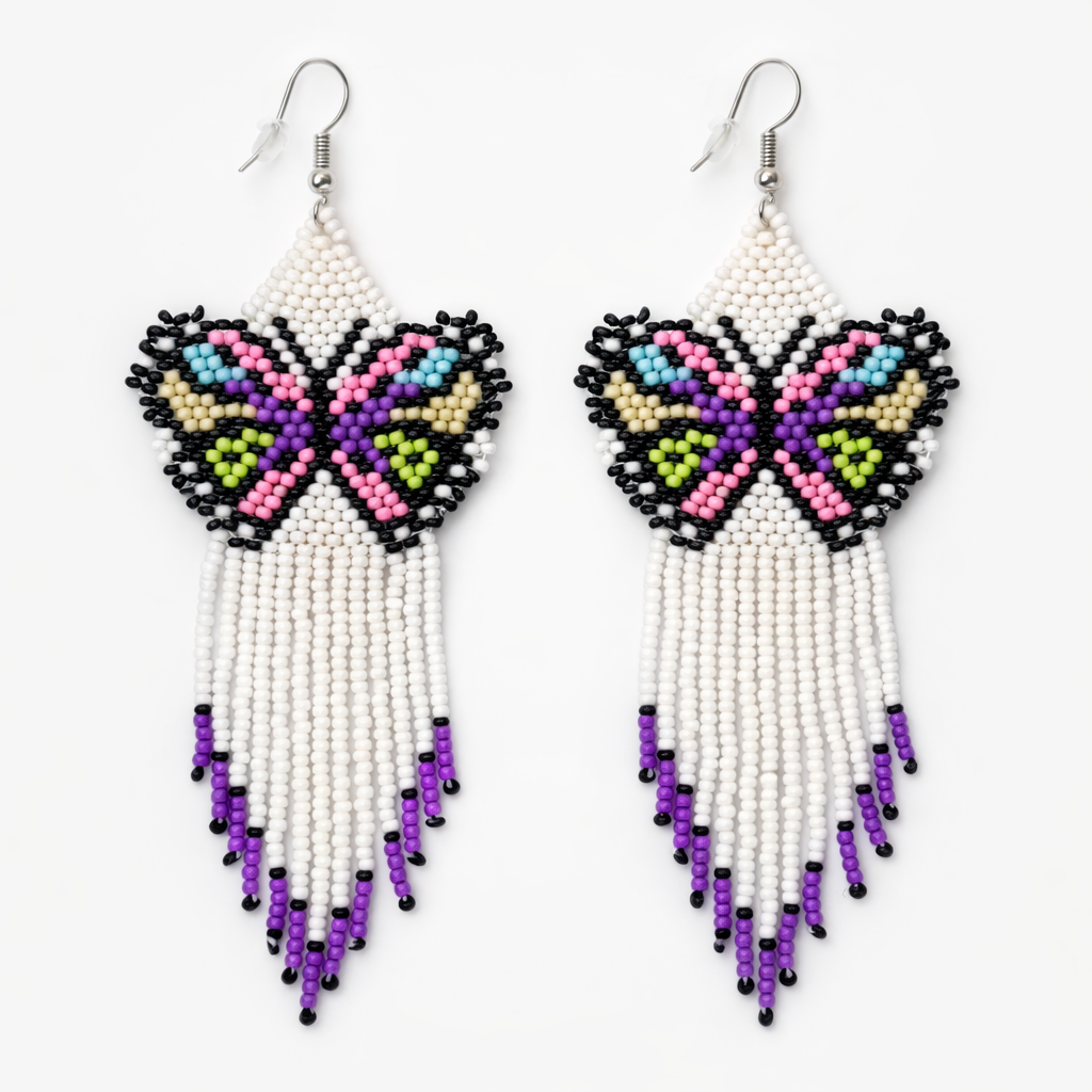 White & Purple Beaded Butterfly Earrings