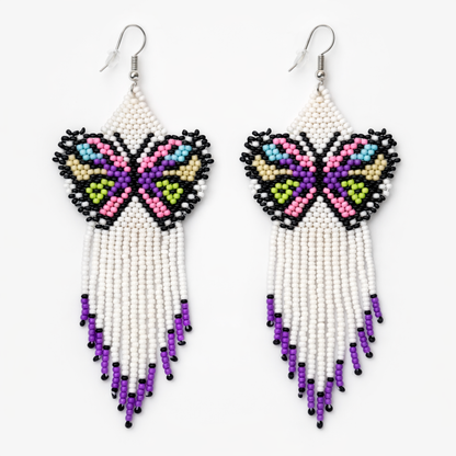 White & Purple Beaded Butterfly Earrings