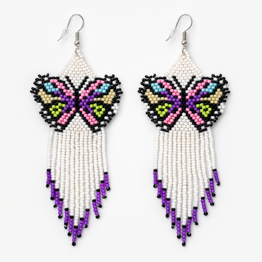 Beaded Earrings - Handmade Hypoallergenic Butterfly White and Purple