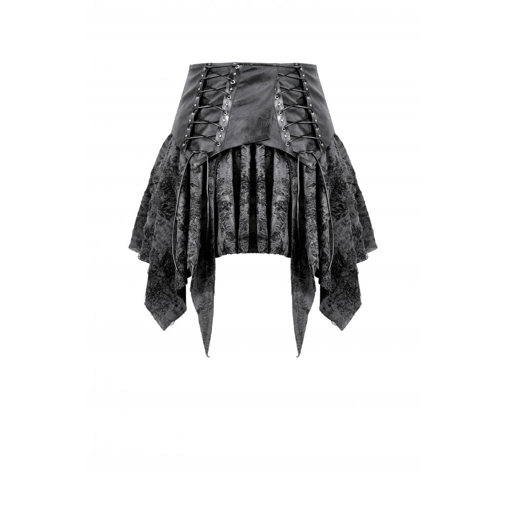 Charcoal Black Lace-Up Asymmetric Mini Skirt with Faux Leather Waistband | Dark in Love