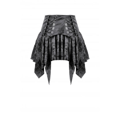 Charcoal Black Lace-Up Asymmetric Mini Skirt with Faux Leather Waistband | Dark in Love