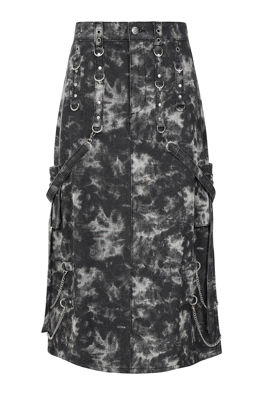 Black Acid-Wash Utility Midi Skirt with O-Rings & Chains | Banned Apparel