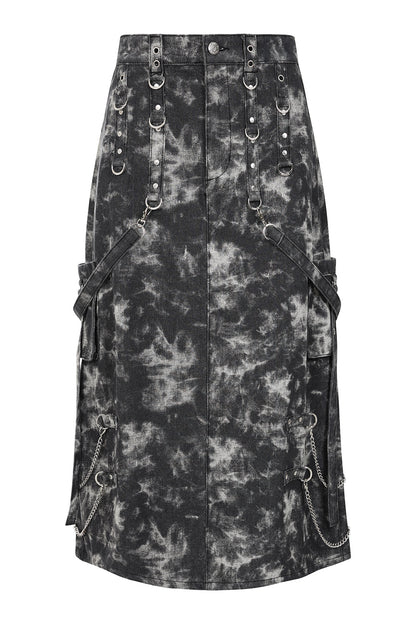 Black Acid-Wash Utility Midi Skirt with O-Rings & Chains | Banned Apparel