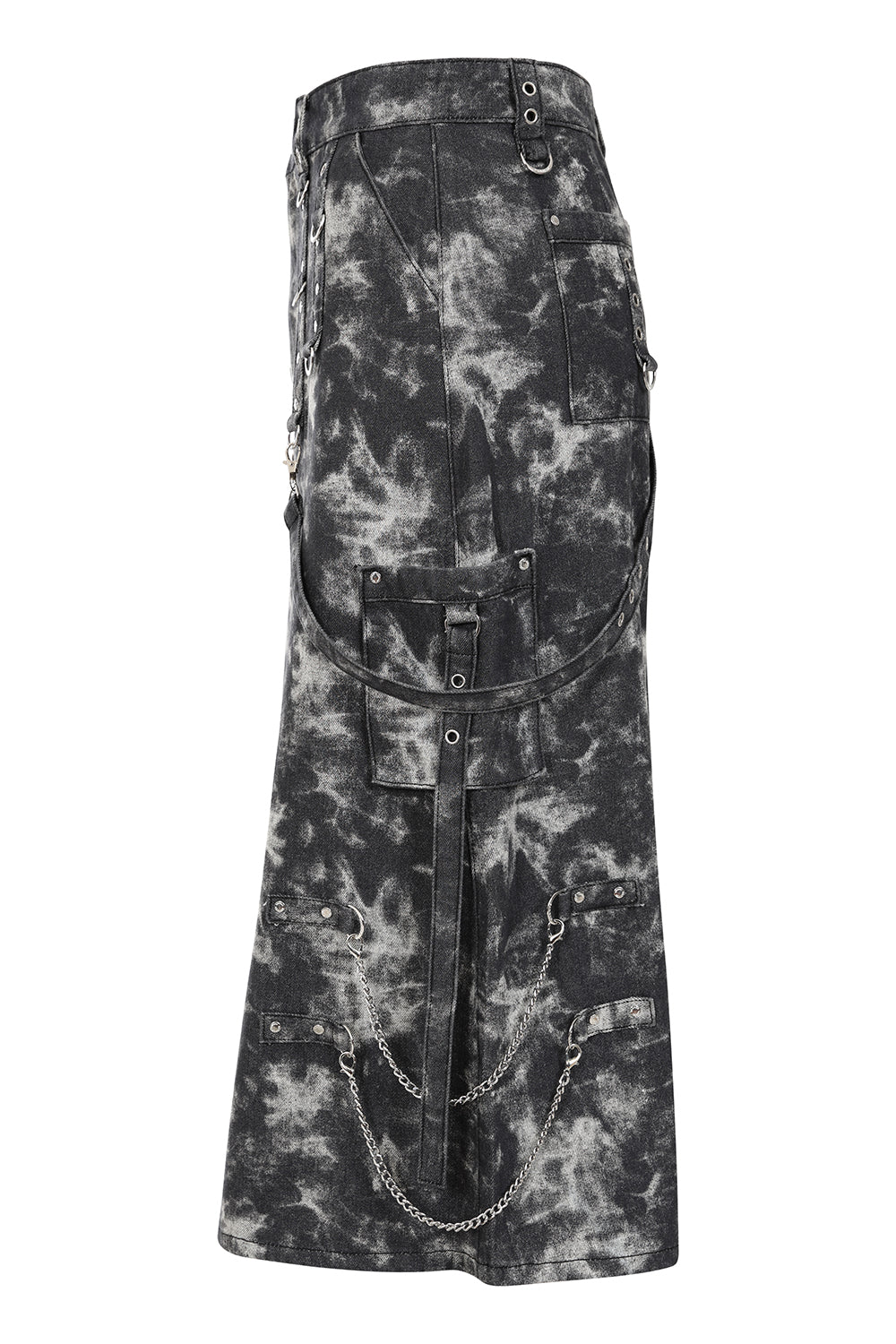 Black Acid-Wash Utility Midi Skirt with O-Rings & Chains | Banned Apparel