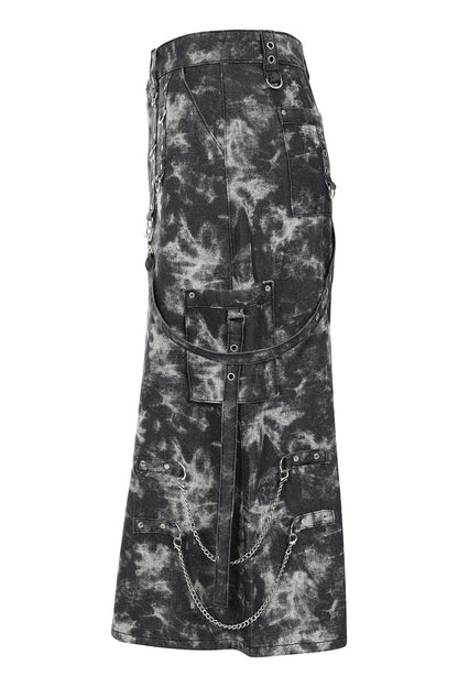 Black Acid-Wash Utility Midi Skirt with O-Rings & Chains | Banned Apparel
