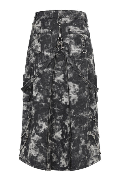 Black Acid-Wash Utility Midi Skirt with O-Rings & Chains | Banned Apparel