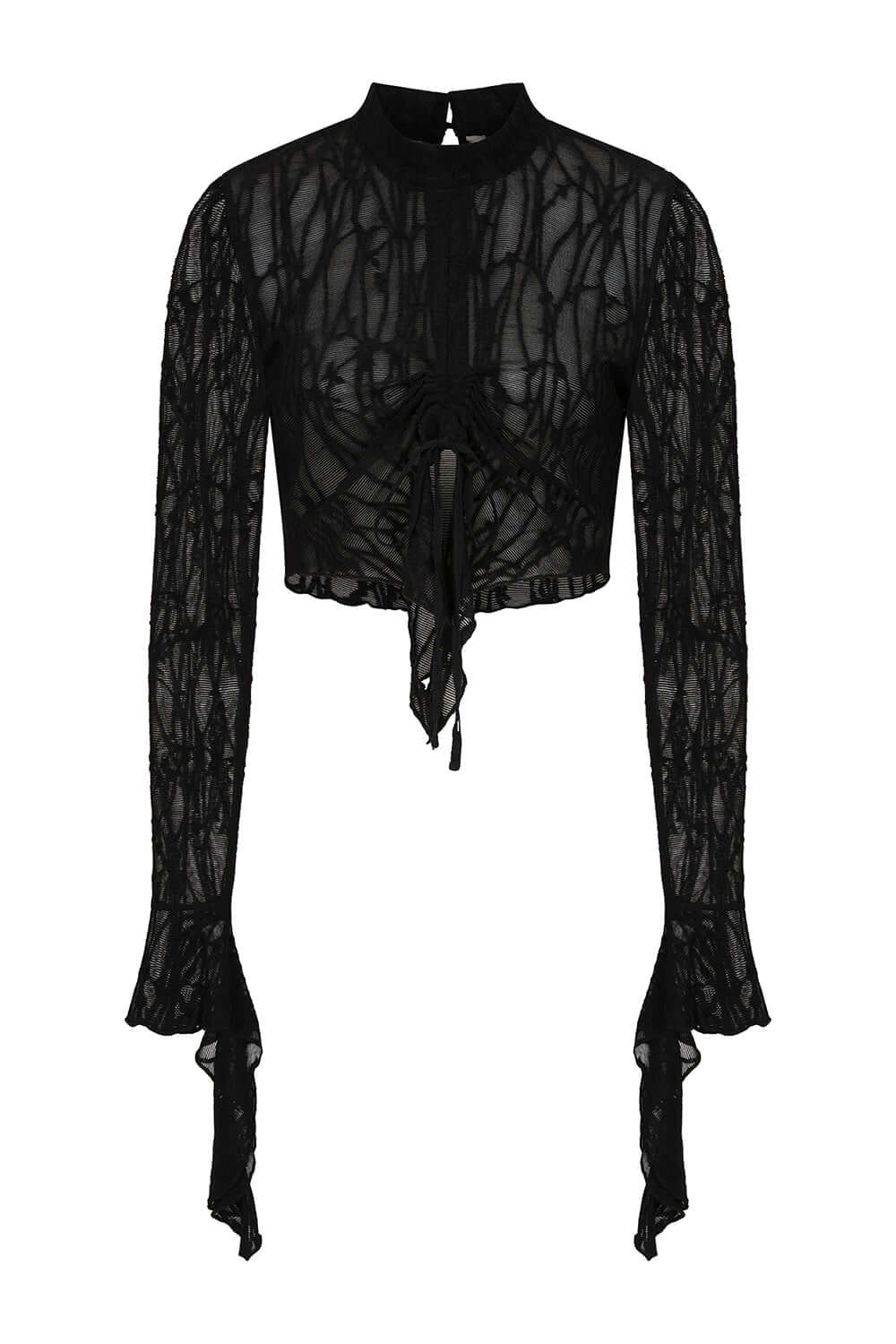 Black Sheer Lace Cropped Top with Flared Sleeves | Banned Apparel