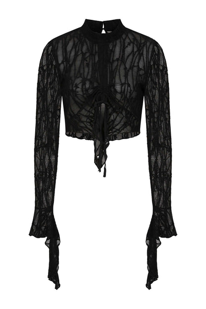 Black Sheer Lace Cropped Top with Flared Sleeves | Banned Apparel