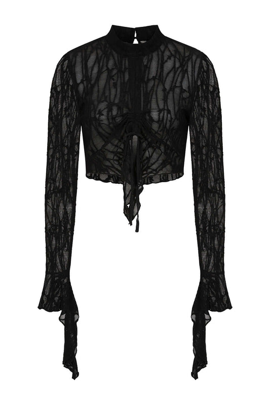 Black Sheer Lace Cropped Top with Flared Sleeves | Banned Apparel