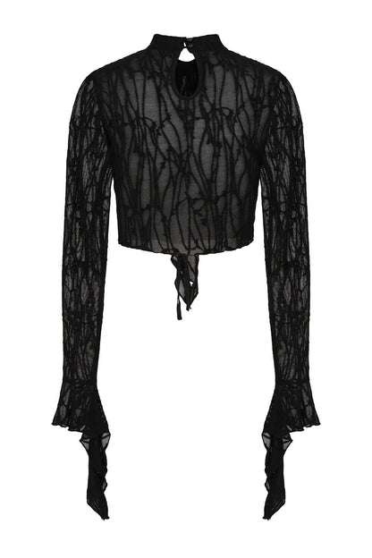 Black Sheer Lace Cropped Top with Flared Sleeves | Banned Apparel