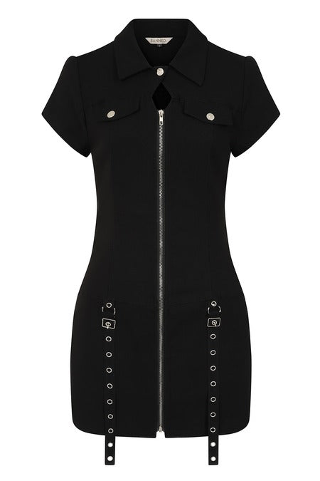 Black Fitted Zip Mini Dress with Eyelet Straps | Banned Apparel
