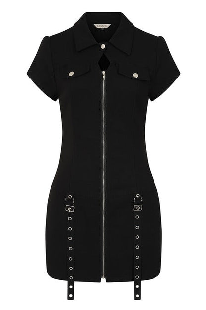 Black Fitted Zip Mini Dress with Eyelet Straps | Banned Apparel